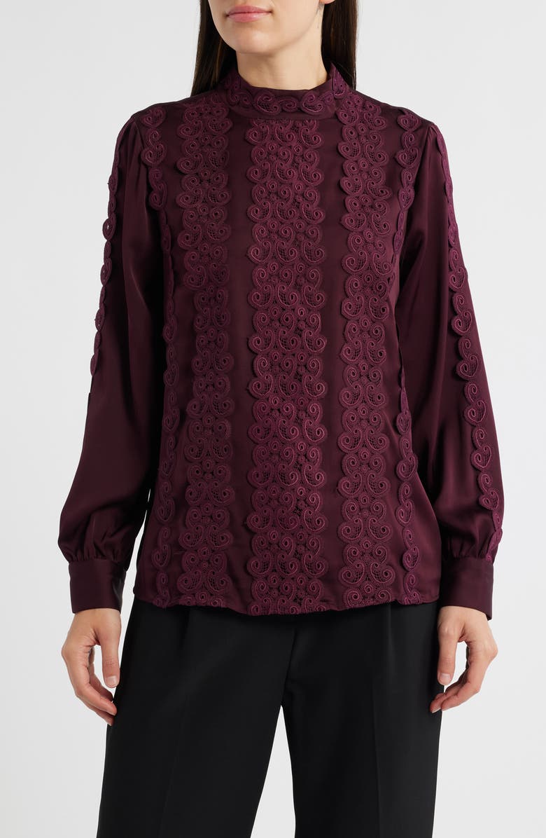 Elie Tahari The Indie Lace Stretch Silk Top, Alternate, color, Bordeaux