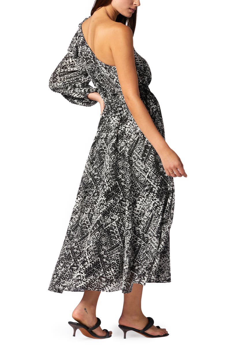 Joie June Ikat Print One-Shoulder Silk Dress, Alternate, color, Porcelain And Caviar