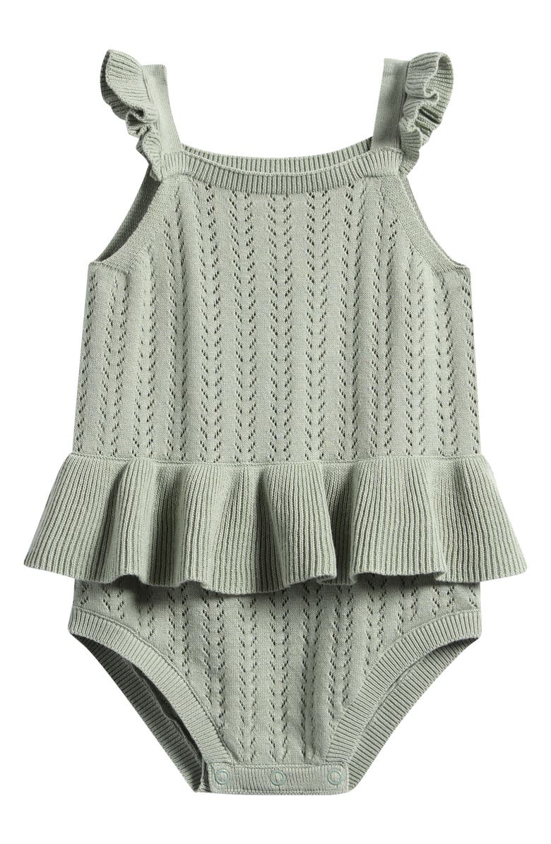 Little Planet Ruffle Skirted Organic Cotton Pointelle Bodysuit, Main, color, Green