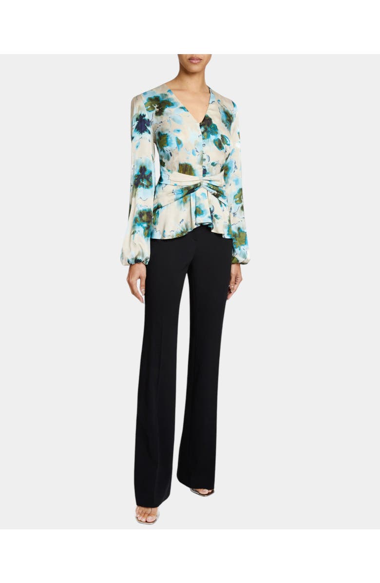 Santorelli RUBY Long Sleeve Blouse with Cinched Waist in Abstract Floral Print, Alternate, color, Aquamarine Multi