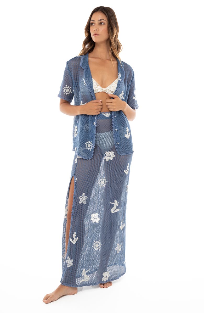 Agua Bendita Axel Kai Crochet Trim Sheer Cotton Cover-Up Button-Up Shirt, Alternate, color, Blue Nautical