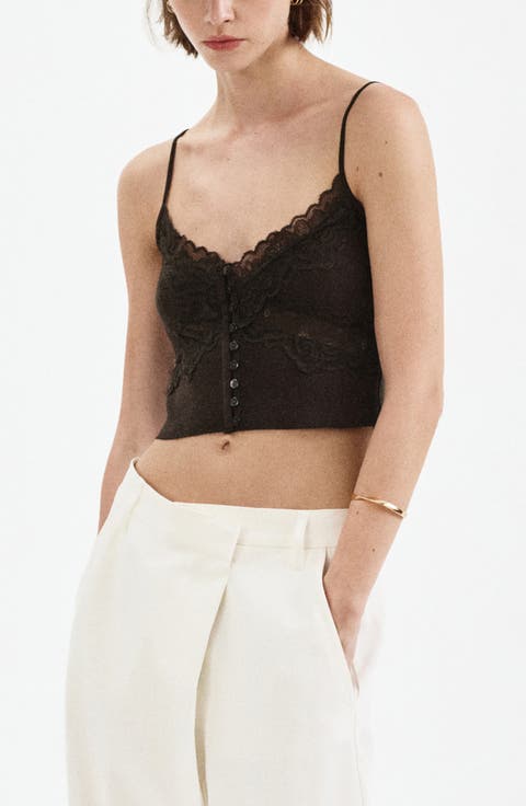 Lace Trimmed Fine Knit Crop Camisole