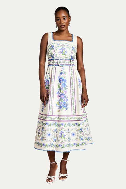 Print Full Skirted Cotton Midi Dress