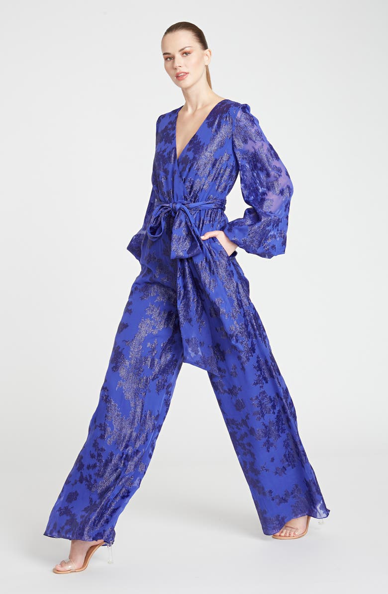ML Monique Lhuillier Metallic Jacquard Long Sleeve Silk Blend Jumpsuit, Alternate, color, 