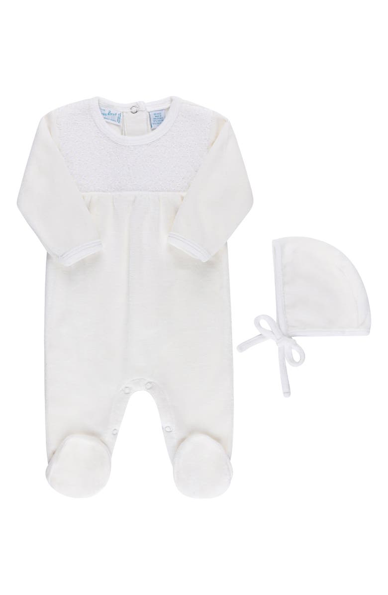 Feltman Brothers Smocked Yoke Cotton Velour Footie & Hat Set, Main, color, Ivory