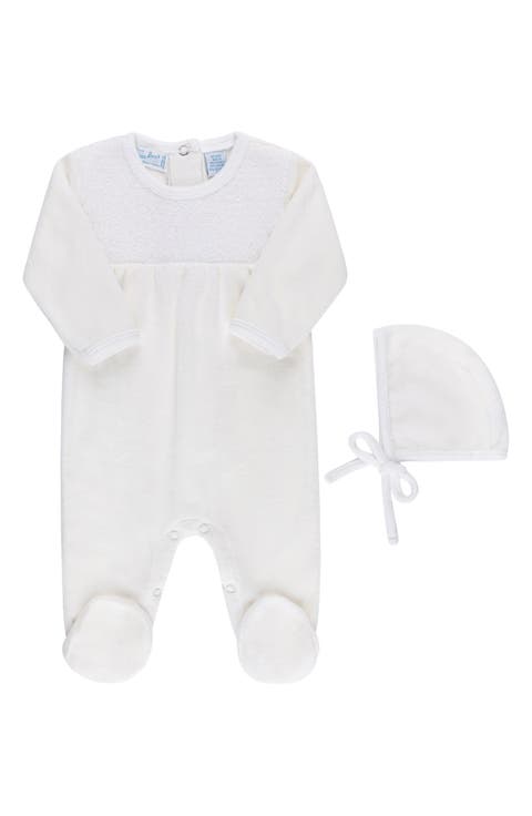 Smocked Yoke Cotton Velour Footie & Hat Set (Baby)