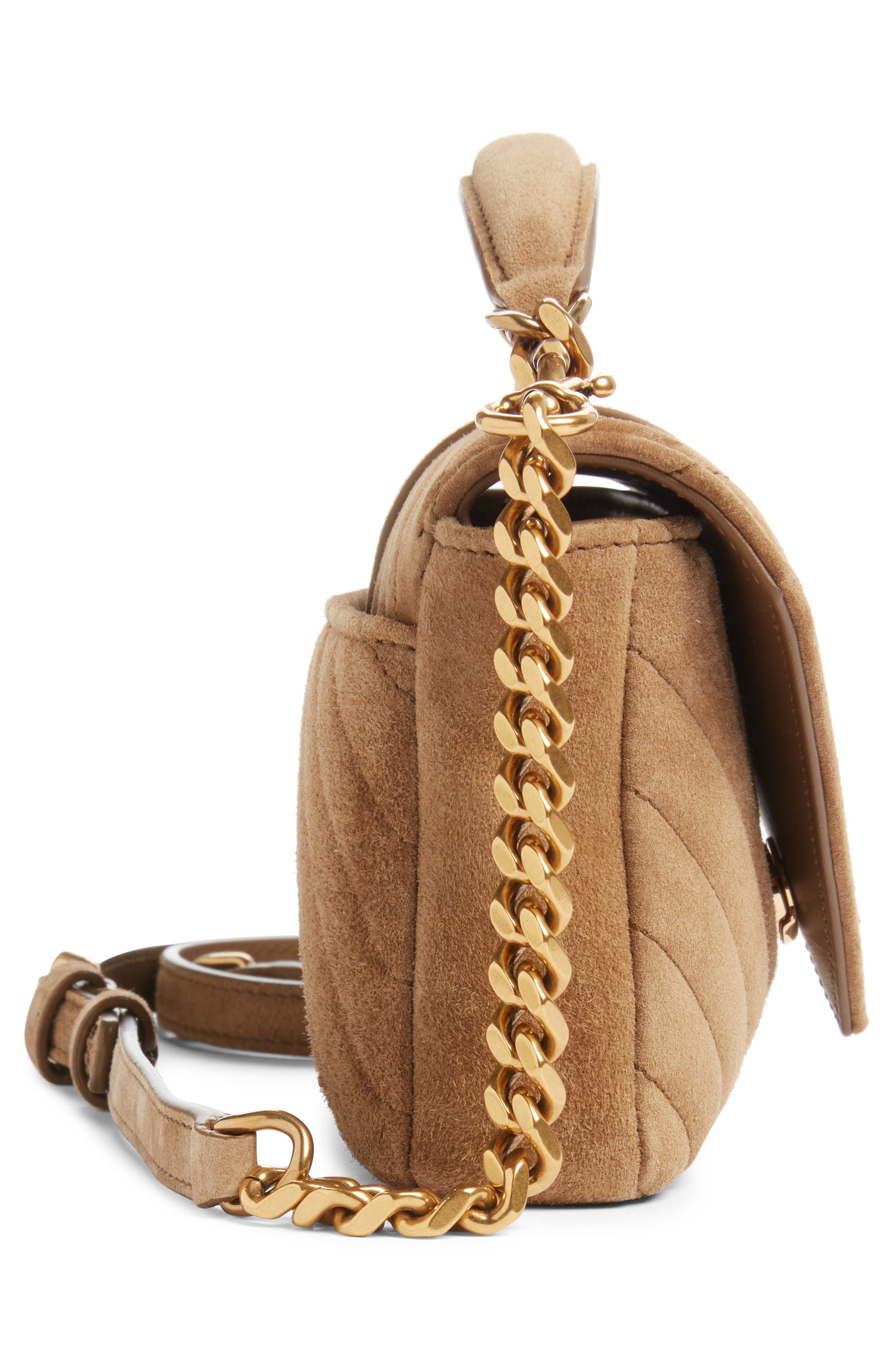 Saint Laurent Mini College Matelassé Suede Crossbody Bag, Alternate, color, Golden Leaf