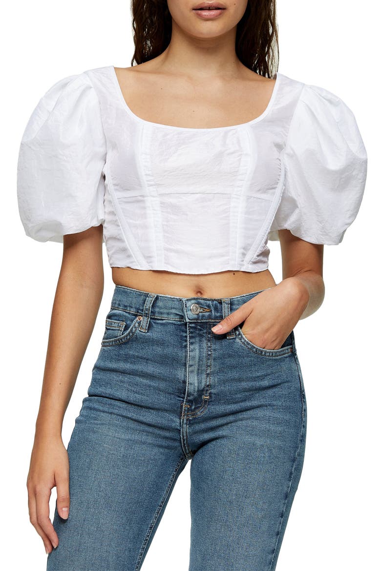 Taffeta Puff Sleeve Corset Blouse, Main, color, IVORY