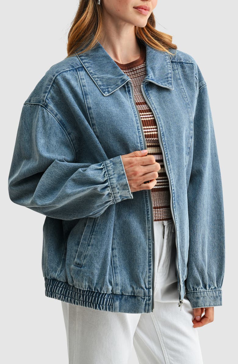 All in Favor Oversized Denim Bomber Jacket, Alternate, color, Light Denim