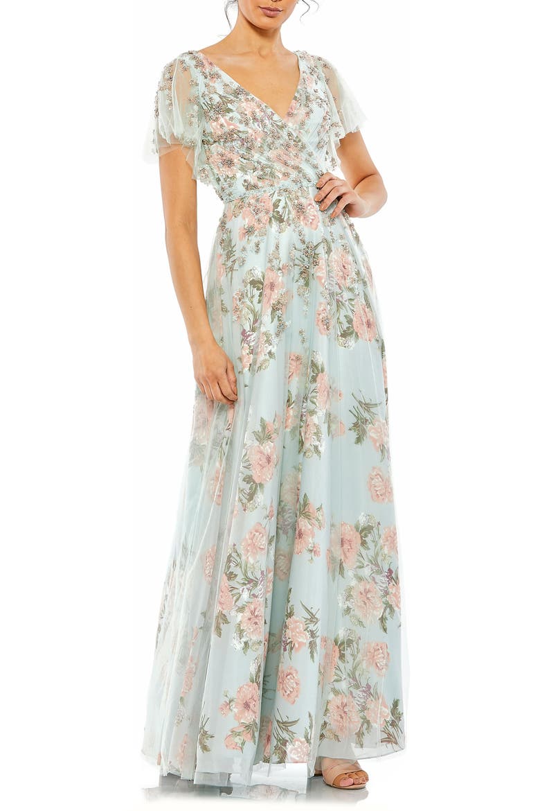 Beaded Floral A-Line Gown, Main, color, BLUE MULTI