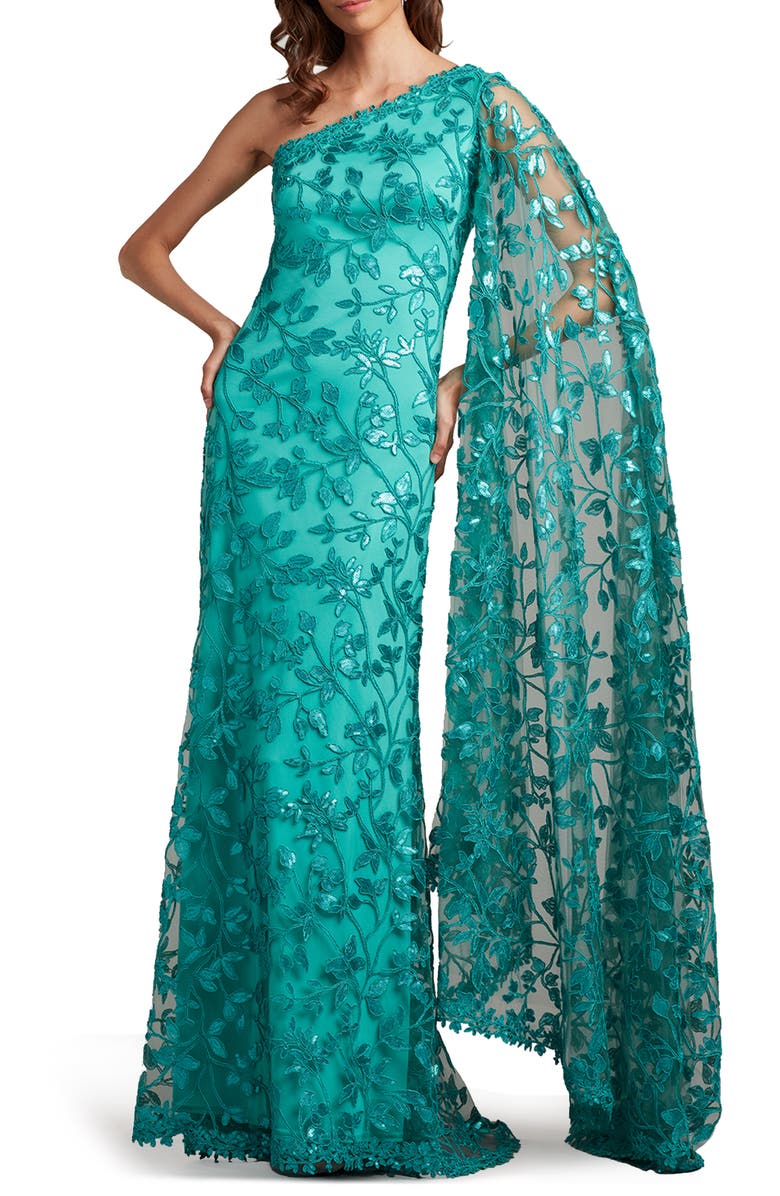 Tadashi Shoji Sequin Floral One-Shoulder Gown, Alternate, color,