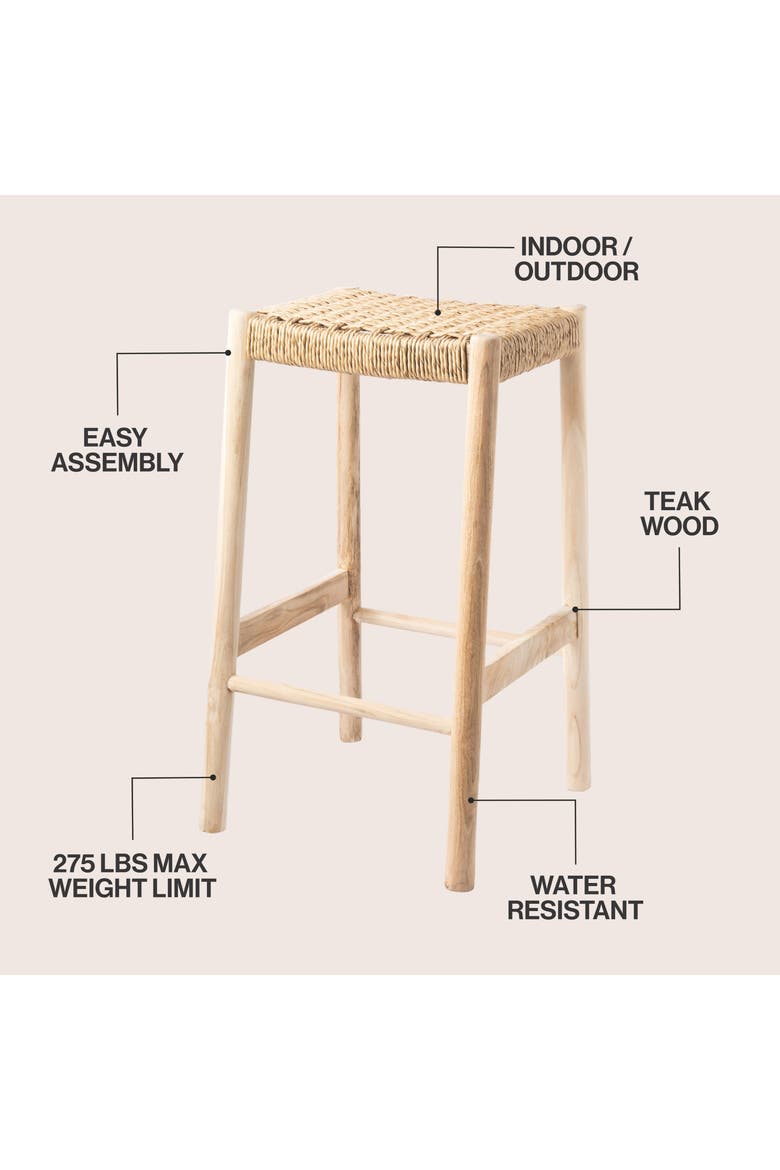 Armati Coastal Wood Backless Indoor/Outdoor Counter Stool, with Woven Synthetic Rattan Seat for Kitchen or Patio, Alternate, color, Natural Finish -29.5"