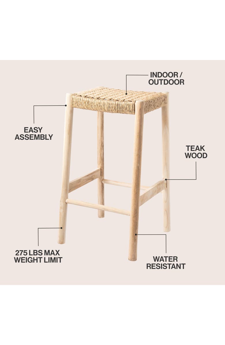 JONATHAN Y Armati Coastal Casual Handcrafted Teak Wood Backless Indoor/Outdoor Counter Stool with Synthetic Woven Seat, Alternate, color, Natural Finish -29.5"