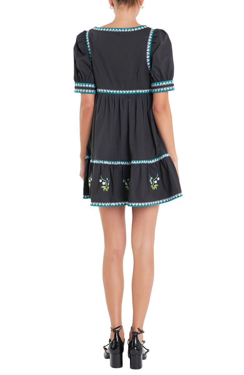 English Factory Embroidered Puff Sleeve Cotton Babydoll Dress, Alternate, color, Black Multi