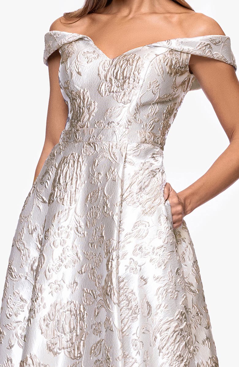 Xscape Evenings Floral Brocade Off the Shoulder Ball Gown, Alternate, color, Taupe/ Silver