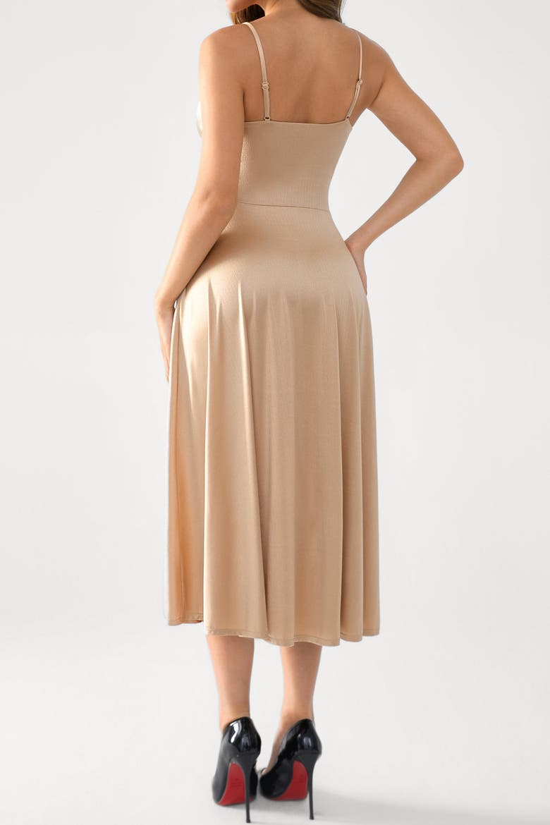 Shapewear Strappy Cowl Neck Vacation & Date Night Fit & Flare Midi Dress, Alternate, color, Champagne
