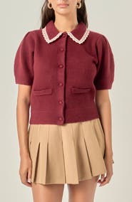 English Factory Lace Trim Puff Sleeve Cardigan