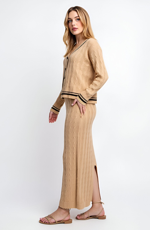 Modenaire Cable Knit Cardigan & Maxi Skirt Set With Striped Trim And Button Detail In Brown