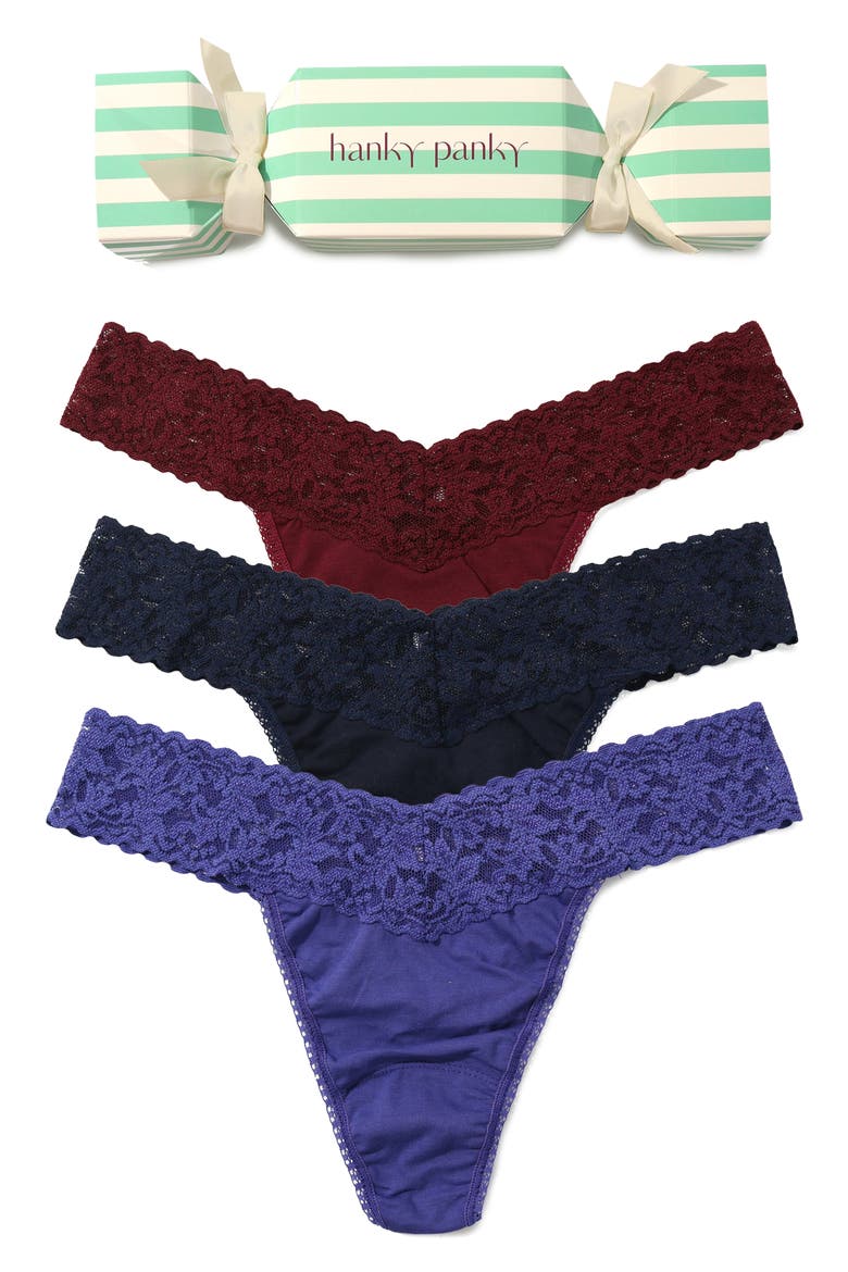 Holiday Cracker Assorted 3-Pack Original Rise Cotton Thongs, Alternate, color, CABERNET/ NAVY/ FOLK SONG