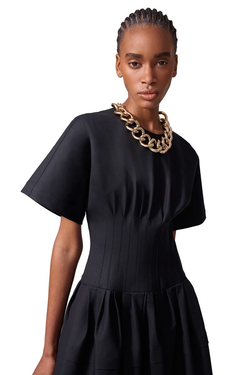 Carolina Herrera Pleated Stretch Cotton Sateen Midi Dress, Alternate, color, Black