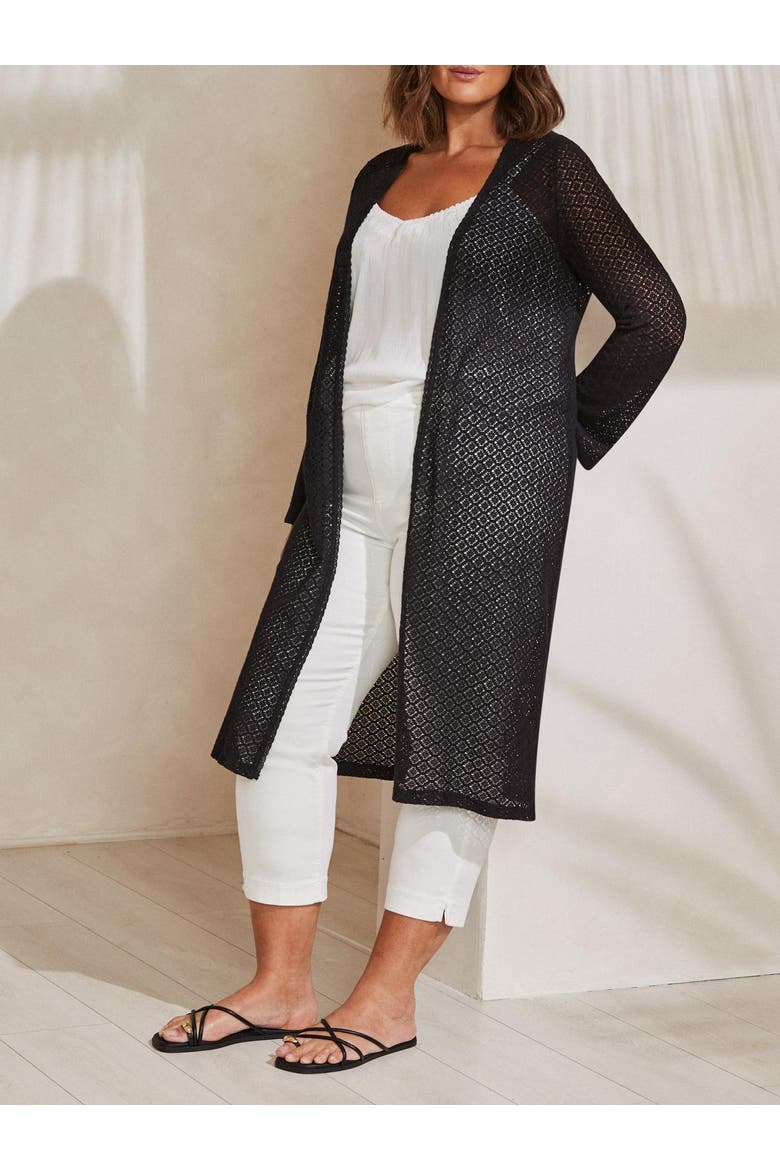 Longline Crochet Knit Cardigan, Alternate, color, Black