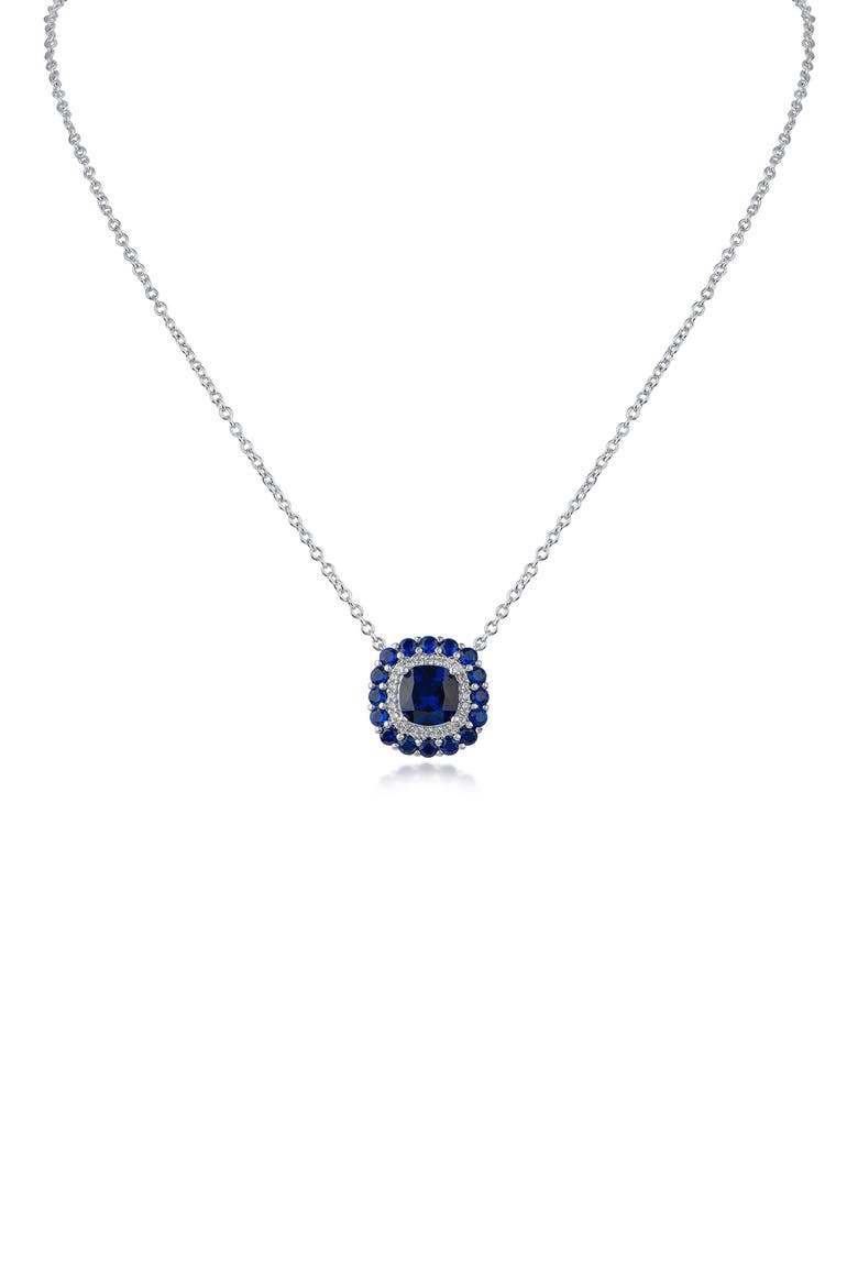 Cubic Zirconia Double Halo Cushion Pendant Necklace, Main, color, BLUE/ SILVER