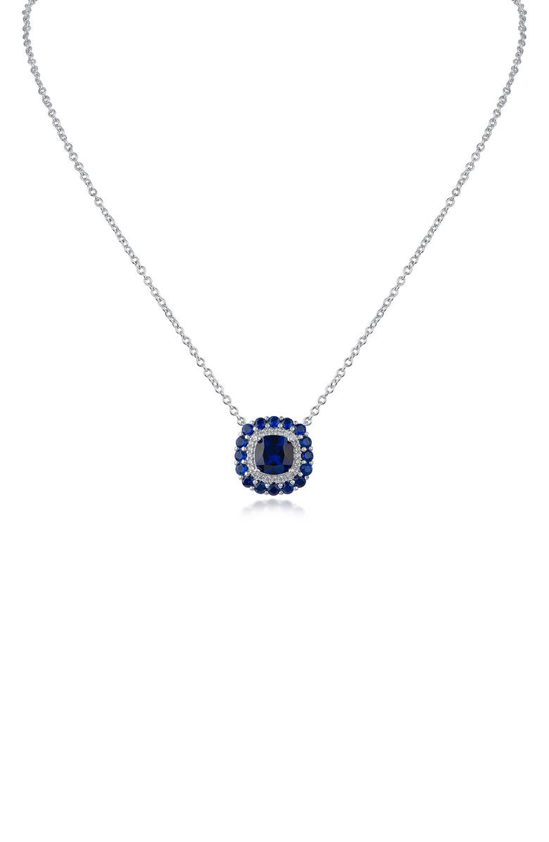 CZ by Kenneth Jay Lane Cubic Zirconia Double Halo Cushion Pendant Necklace, Main, color, Blue/ Silver