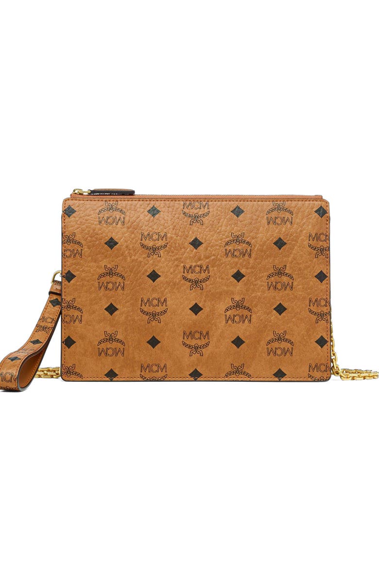MCM Wristlet Standing Pouch w/ Chain Strap in Visetos, Main, color, Brown