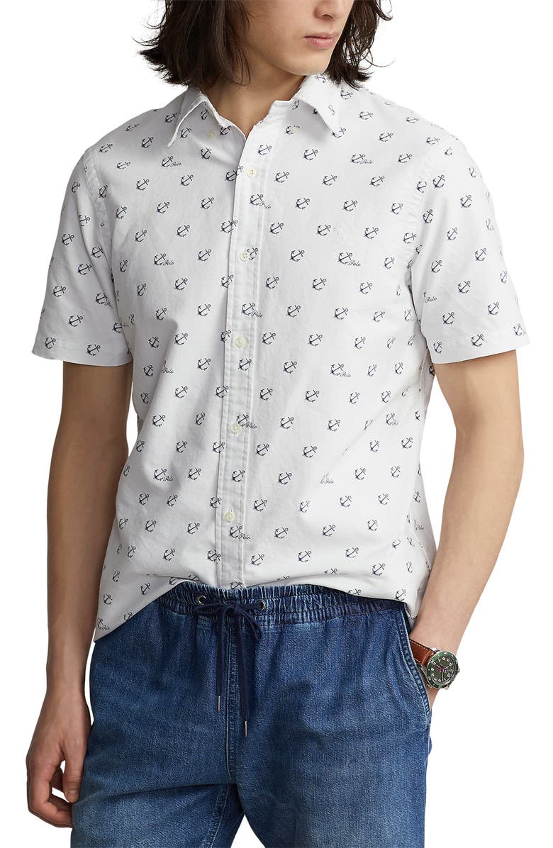 Polo Ralph Lauren Anchors Classic Fit Short Sleeve Cotton Button-Down Shirt, Main, color, 