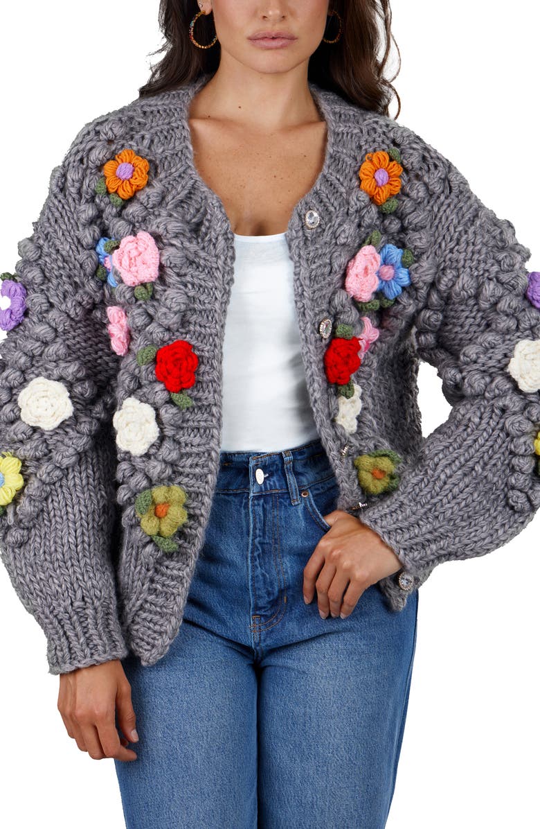 SAACHI Flower Pompom Cardigan, Main, color, 