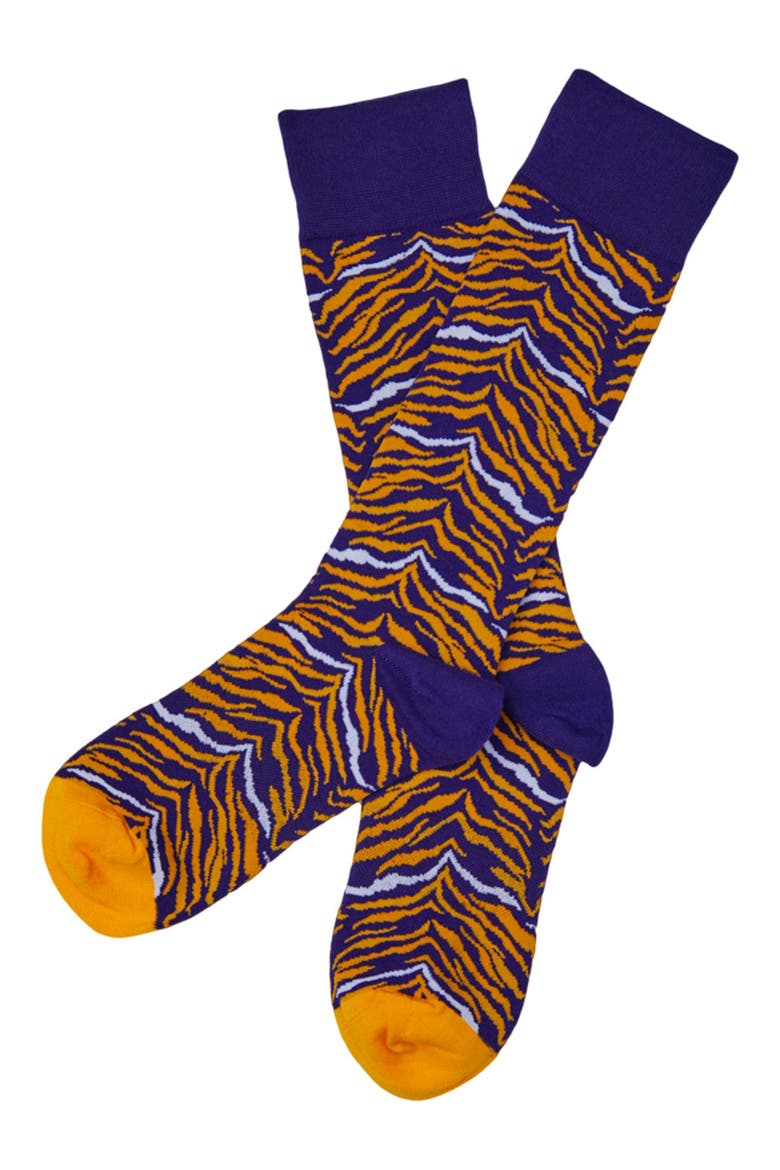 Tiger Striped Crew Socks, Alternate, color, PURPLE / GOLD