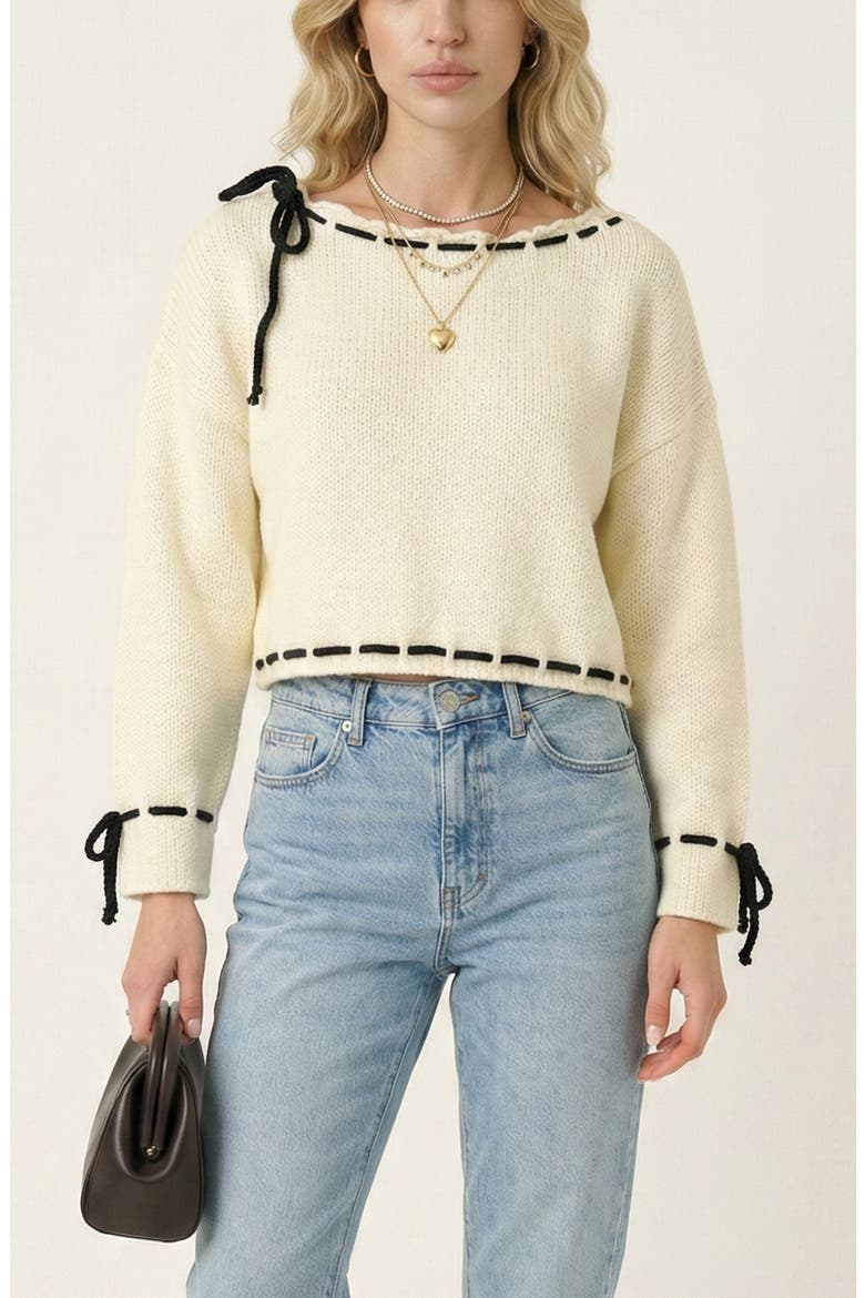 Contrast Tie Scalloped Boat Neck Cropped Hem Knit Sweater, Main, color, Ivory