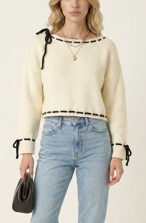 Contrast Tie Scalloped Boat Neck Cropped Hem Knit Sweater