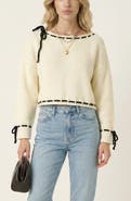 Modenaire Contrast Tie Scalloped Boat Neck Cropped Hem Knit Sweater