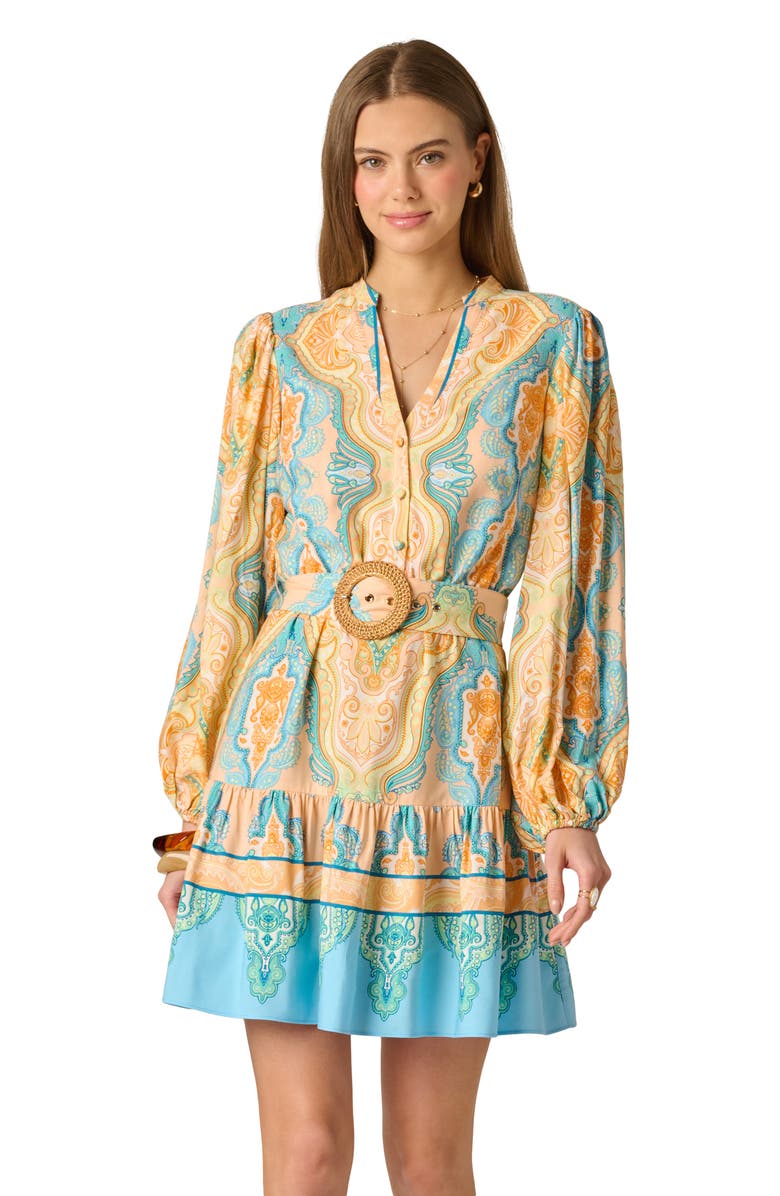 Adrianna Papell Long Sleeve Placed Print Dress, Alternate, color, Peach Multi