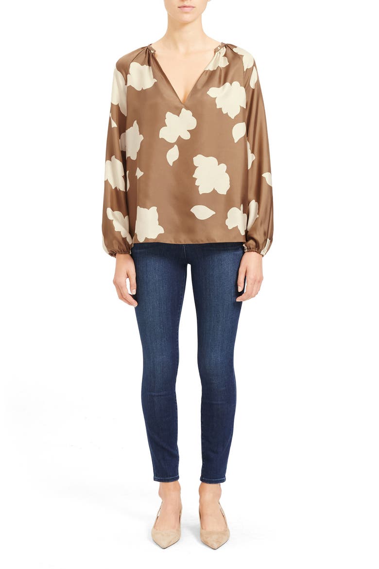 Floral Print Silk Top, Alternate, color, BRIGHT CAMEL