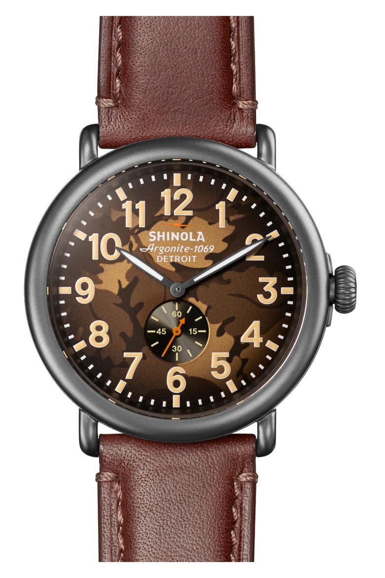 Runwell Leather Strap Watch, 47mm, Main, color, BROWN OAK CAMO