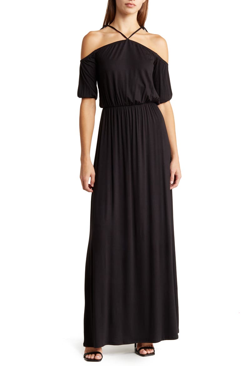 Tie Neck Maxi Dress, Main, color, BLACK