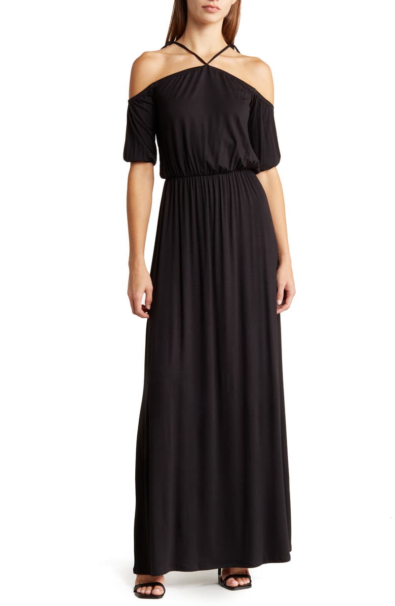 GO COUTURE Tie Neck Maxi Dress, Main, color, Black