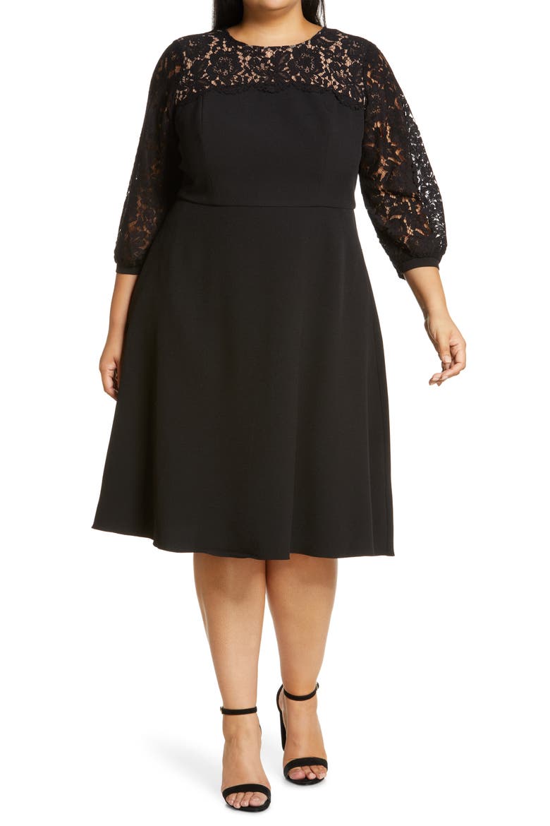 Lace Long Sleeve Midi Crepe Cocktail Dress, Main, color, BLACK