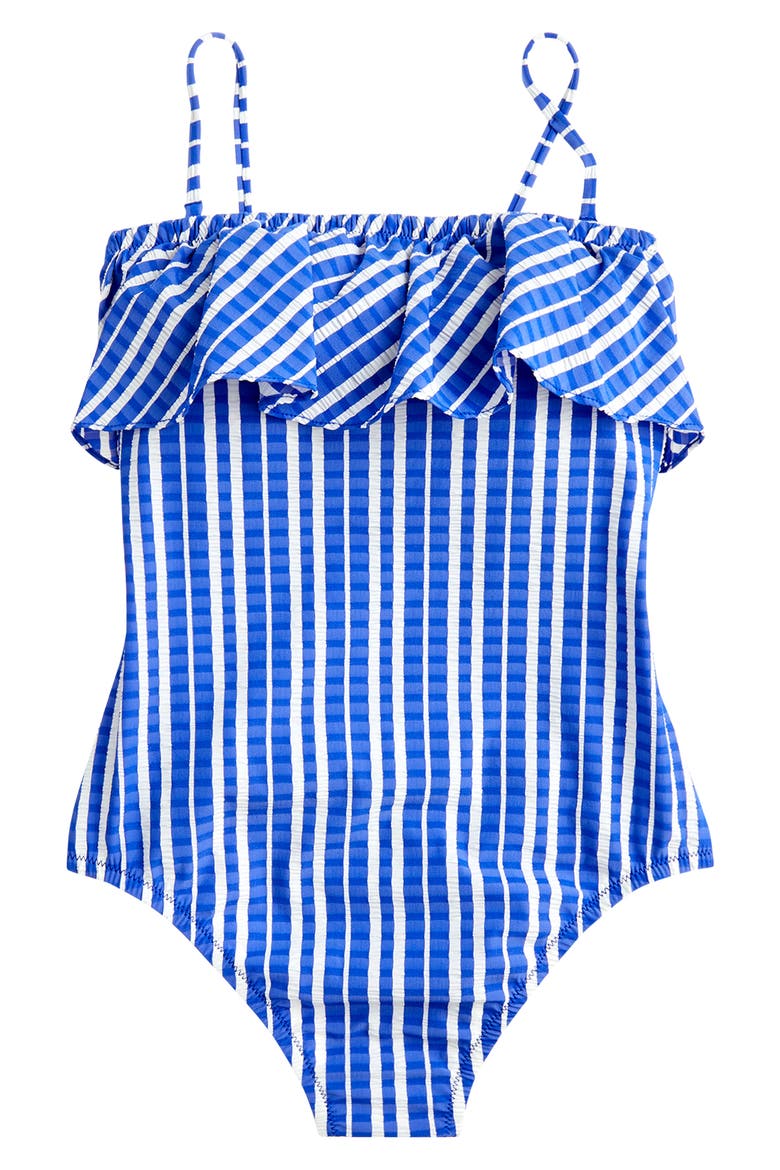 Puckered Stripe Ruffle One-Piece Swimsuit, Alternate, color, COBALT SEA IVORY