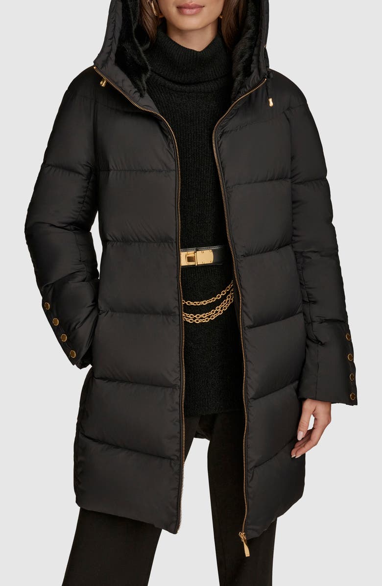 Donna Karan New York Water Resistant Hooded Down Puffer Coat, Alternate, color, Black