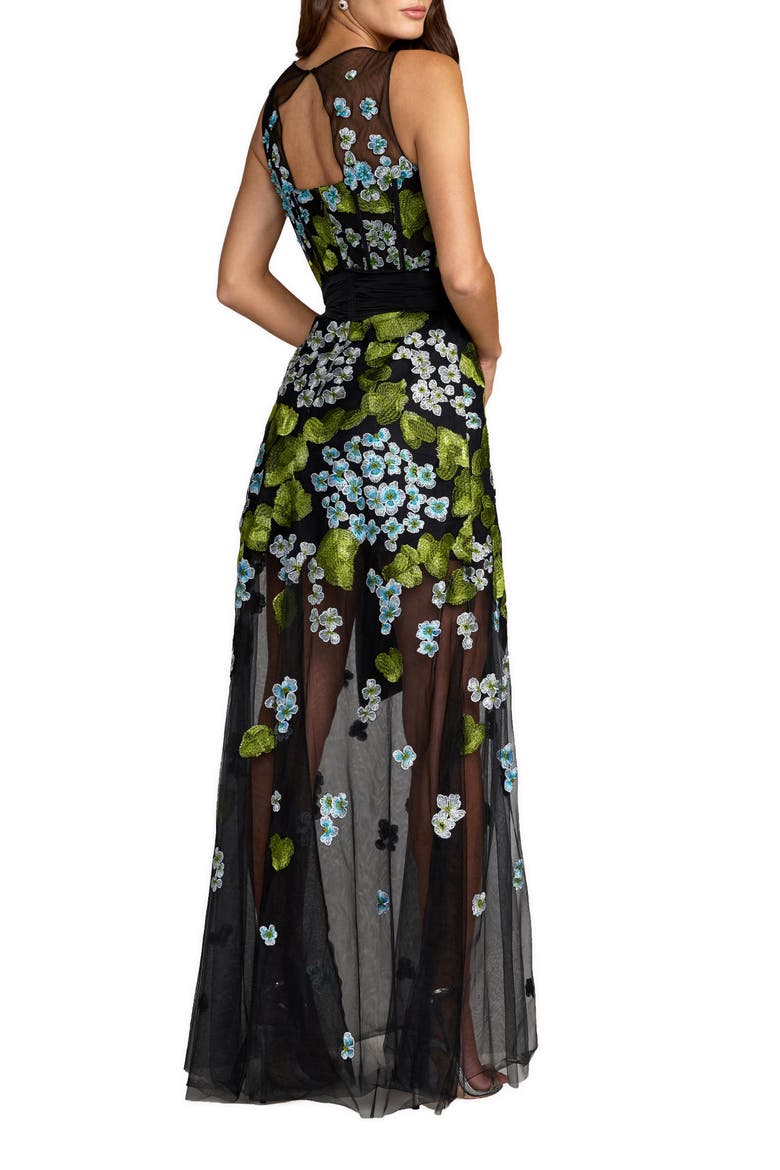 Sleeveless Mesh Applique Gown With Bow Belt, Alternate, color, Blue Multi