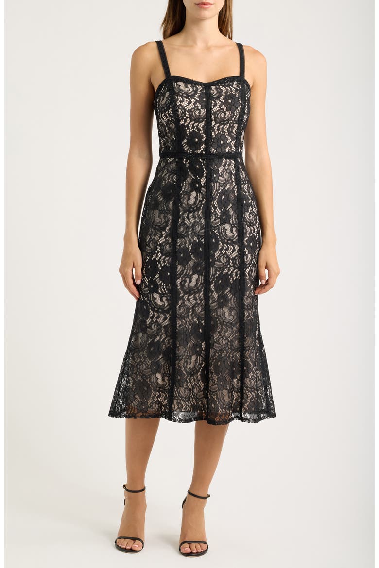 Sequin & Lace Seam Detail Midi Dress, Alternate, color, BLACK/ NUDE