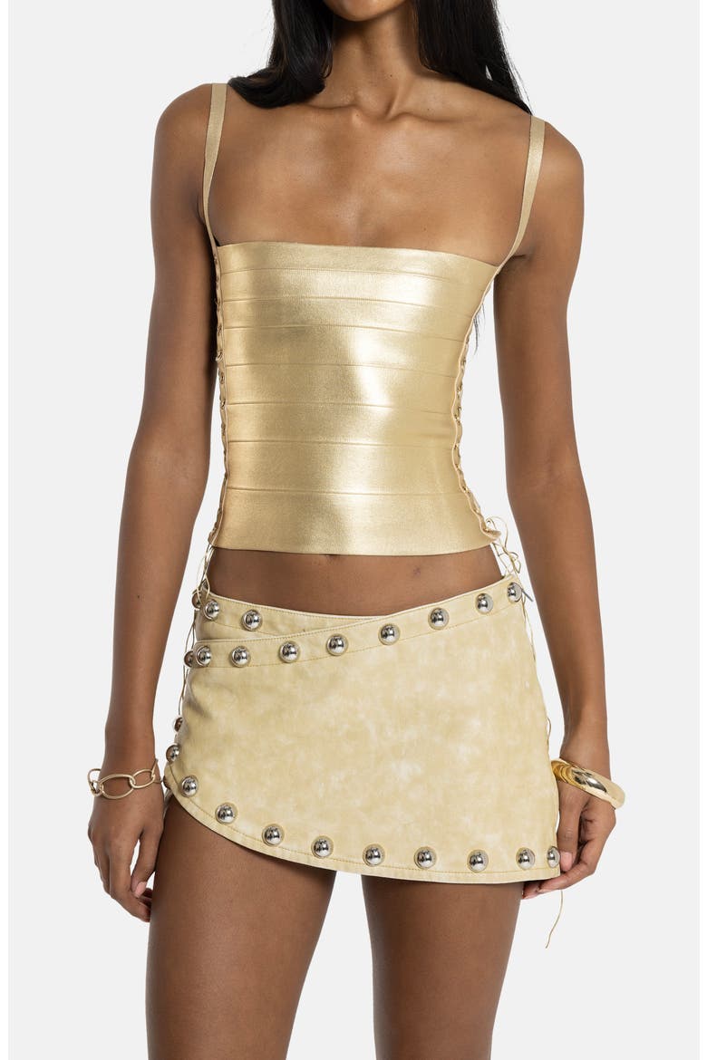 Metallic Lace-Up Bandage Top, Main, color, BEIGE