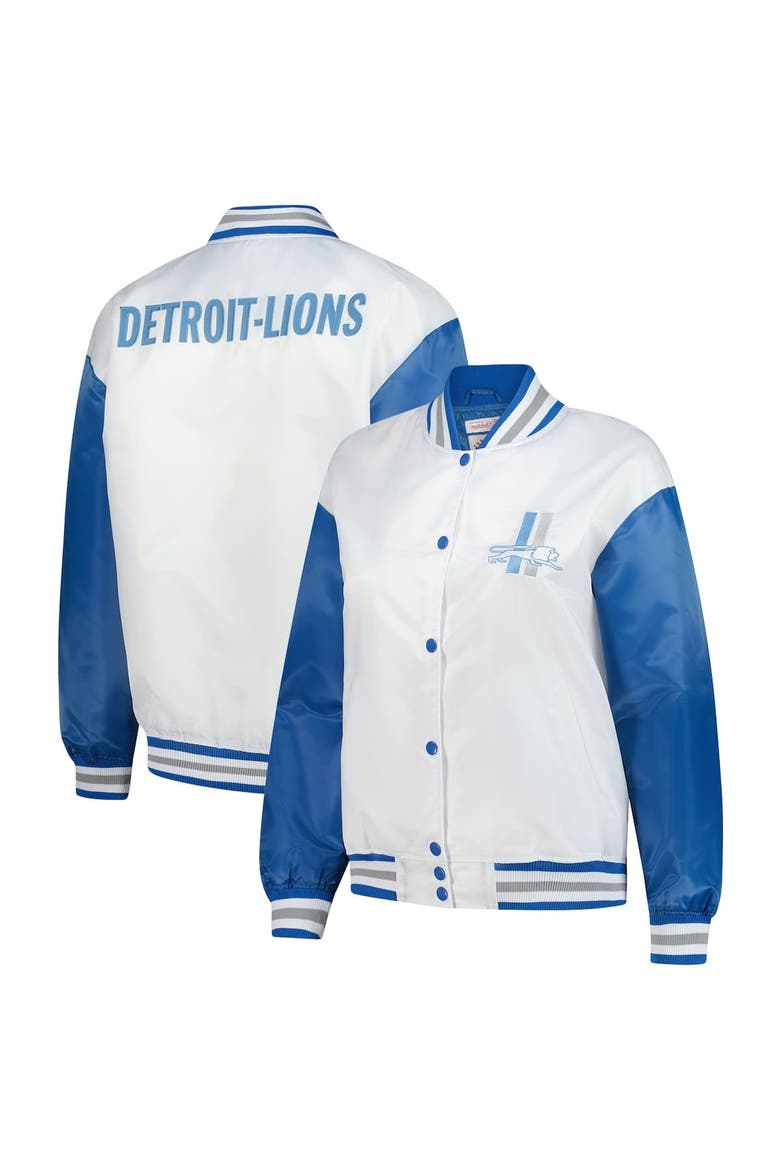 Women's Mitchell & Ness White Detroit Lions Throwback Plus Size Full-Snap Satin Jacket, Main, color, White