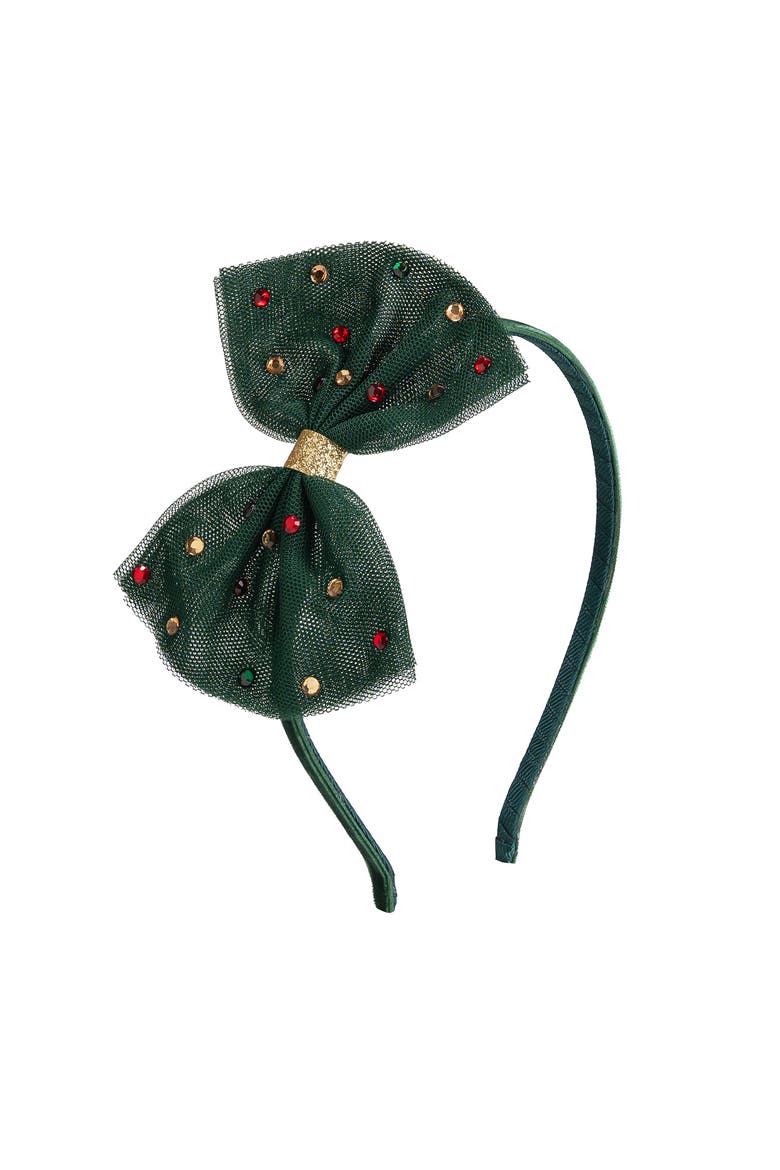 Emerald Rhinestone Christmas Tulle Bow Headband, Main, color, Green