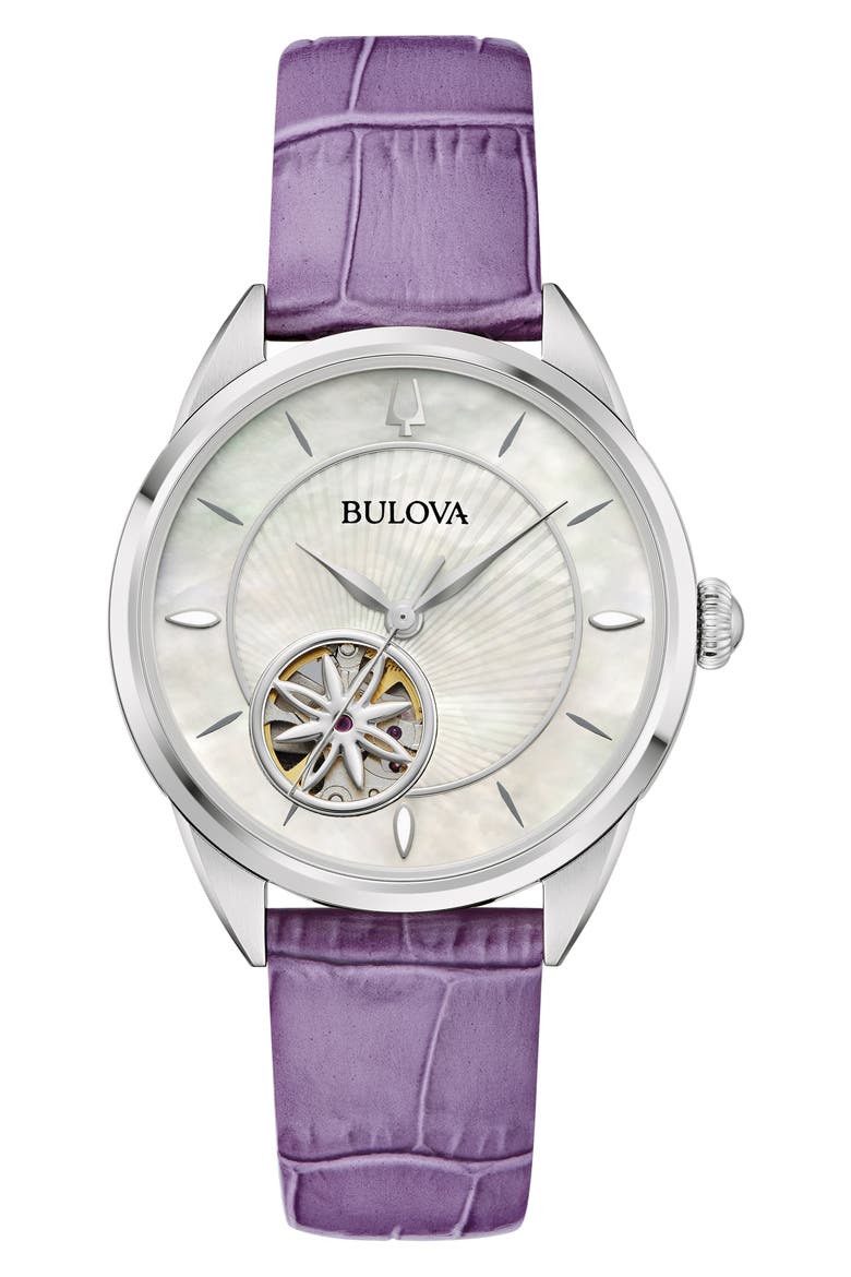 Sutton Automatic Leather Strap Watch, 34.5mm, Main, color, PURPLE/ SILVER-TONE