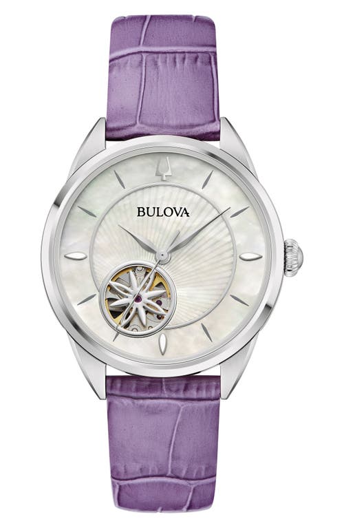 Bulova Women's Automatic Purple Leather Strap Watch 34.5mm In Purple/silverone