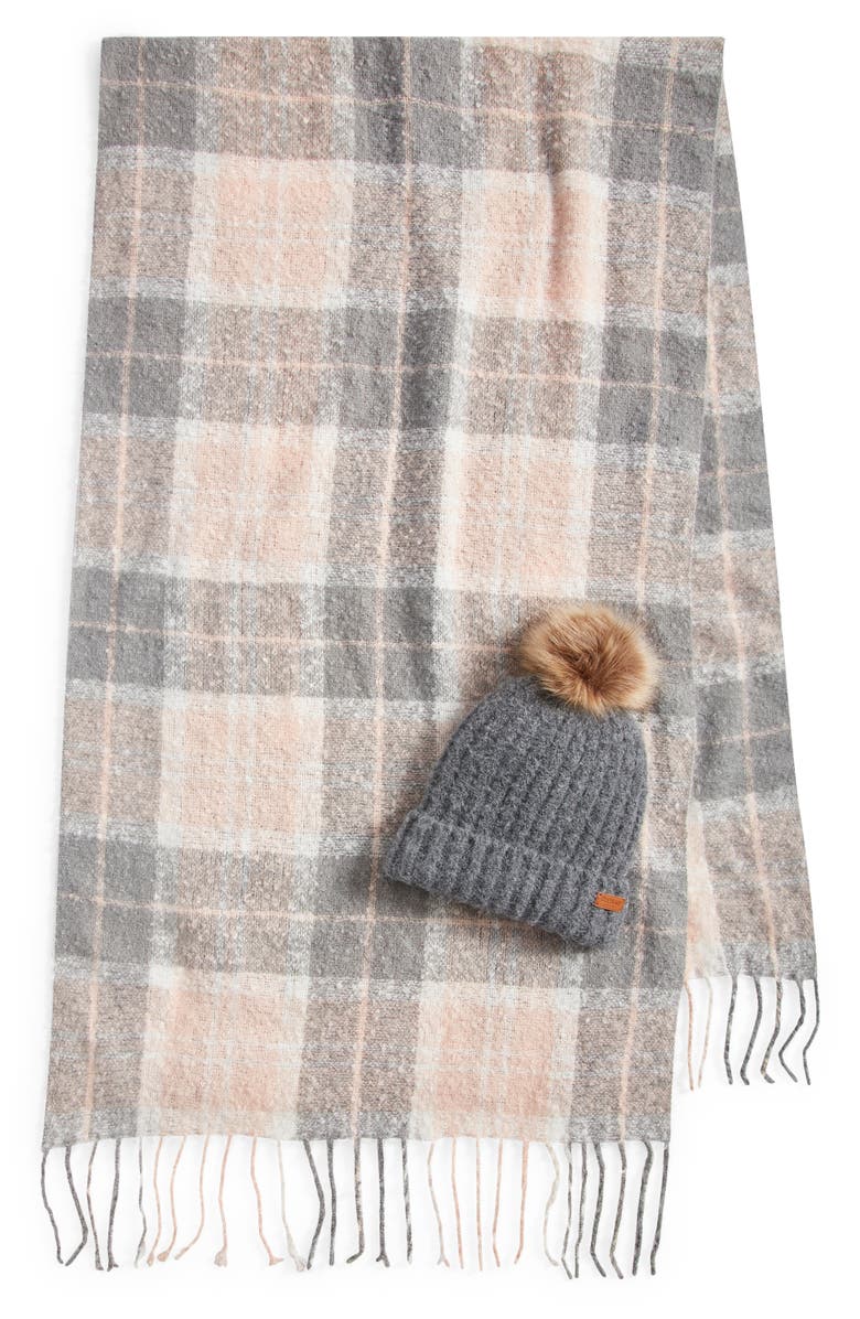 Barbour Saltburn Faux Fur Beanie & Scarf Set, Alternate, color, Grey Rose